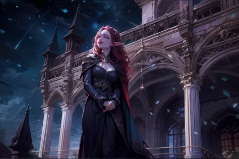 a picture of vampire elf in her castle, an exquisite beautiful female vampire standing under the starry night sky on the porch o...