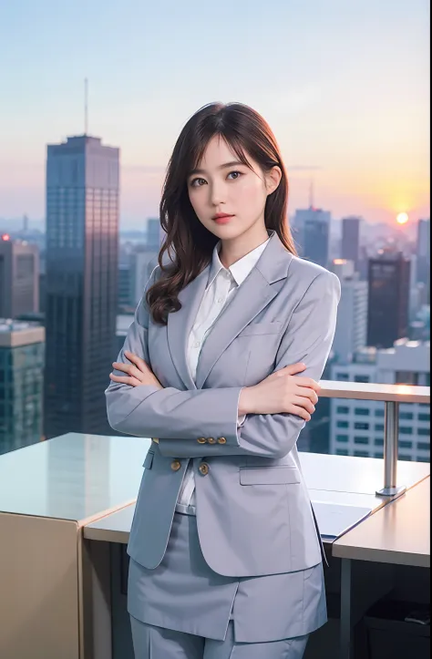 1girl,solo, parted lips,  office lady, business suit ,
skyline, cloud,sunset, arms behind head, looking at viewer,