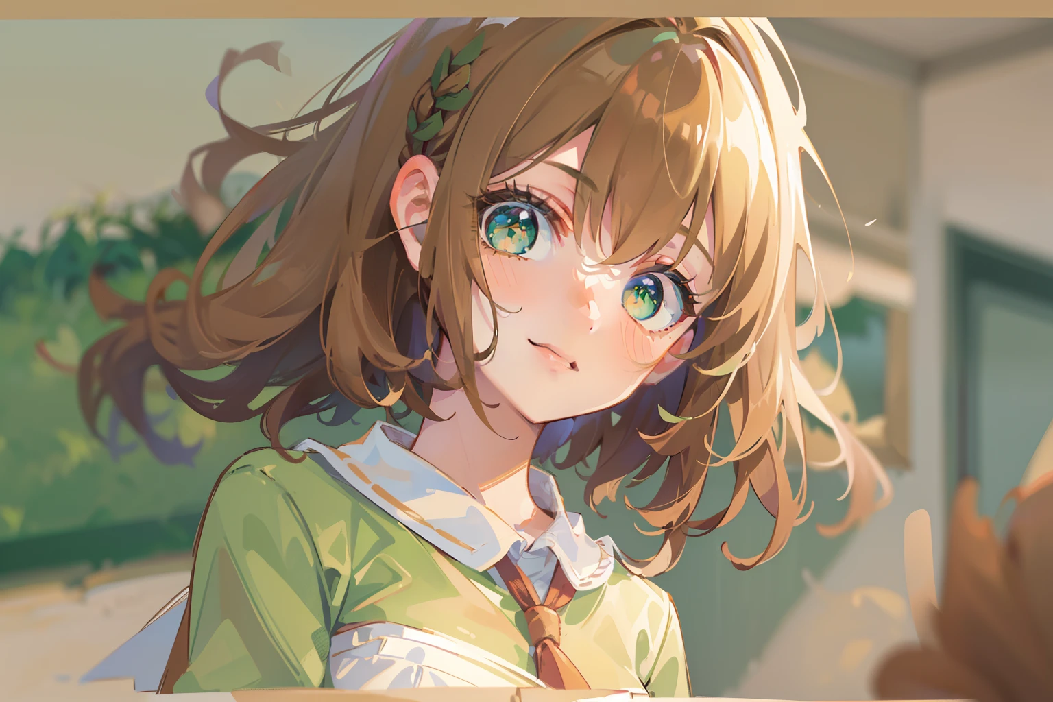 (masterpiece), best quality, beautiful detailed hair detailed face, ultra high res, sharp focus, ((1 young woman, solo)), (warm pastel color), high saturation, perfect feminine face, upper body, medium close-up, dutch angle, (at the morning time:1.5), in the school, ((beautiful shape eyes, green eyes)), chesnut brown har, short hair, smiles, (school uniform:1.2)