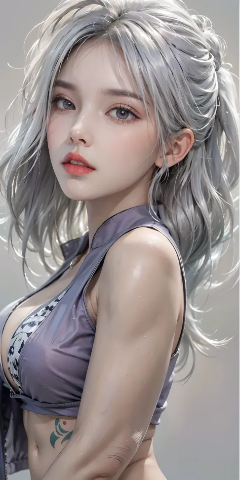 photorealistic, high resolution, soft light,1women, solo, hips up, (detailed face), silver hair, ponytail, grey hair, purple bik...