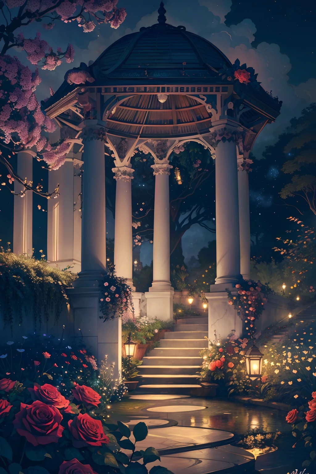 (Illustration:1.3), (secret garden), lush, floral, rose, (botanical), romanticism, moody, space, stars, nebula, beautiful clouds, moon, trellis, lattice, garden, gazebo, (realistic:1.5), (good shading), good architecture, volumetric lighting, cinematic, good architecture, (highest quality, award winning, masterpiece:1.5),