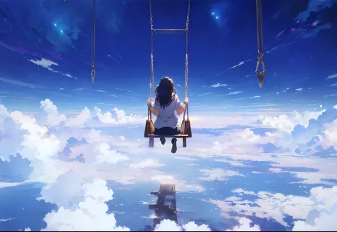There is one woman sitting on an empty swing, stright long hair、makoto shinkai cyril rolando, By Shinkai Makoto. a digital rende...