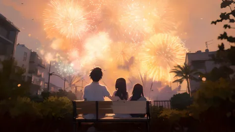 Fireworks in the sky with two people sitting on a bench, guweiz and makoto shinkai, ( ( By Shinkai Makoto ) ), sakimichan and ma...