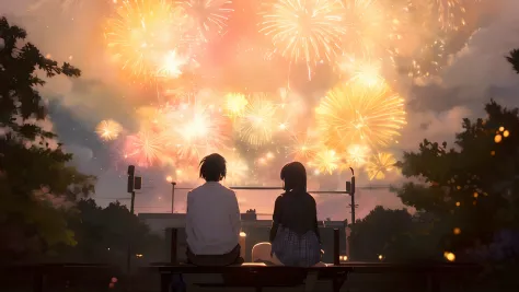 Fireworks in the sky with two people sitting on a bench, guweiz and makoto shinkai, ( ( By Shinkai Makoto ) ), sakimichan and ma...