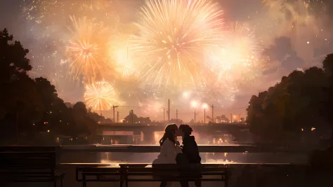 （two people kissing on the bench:1.3）、fireworks in the sky, gwise and makoto shinkai's kiss, ( ( by shinkai makoto ) ), (sakimi ...