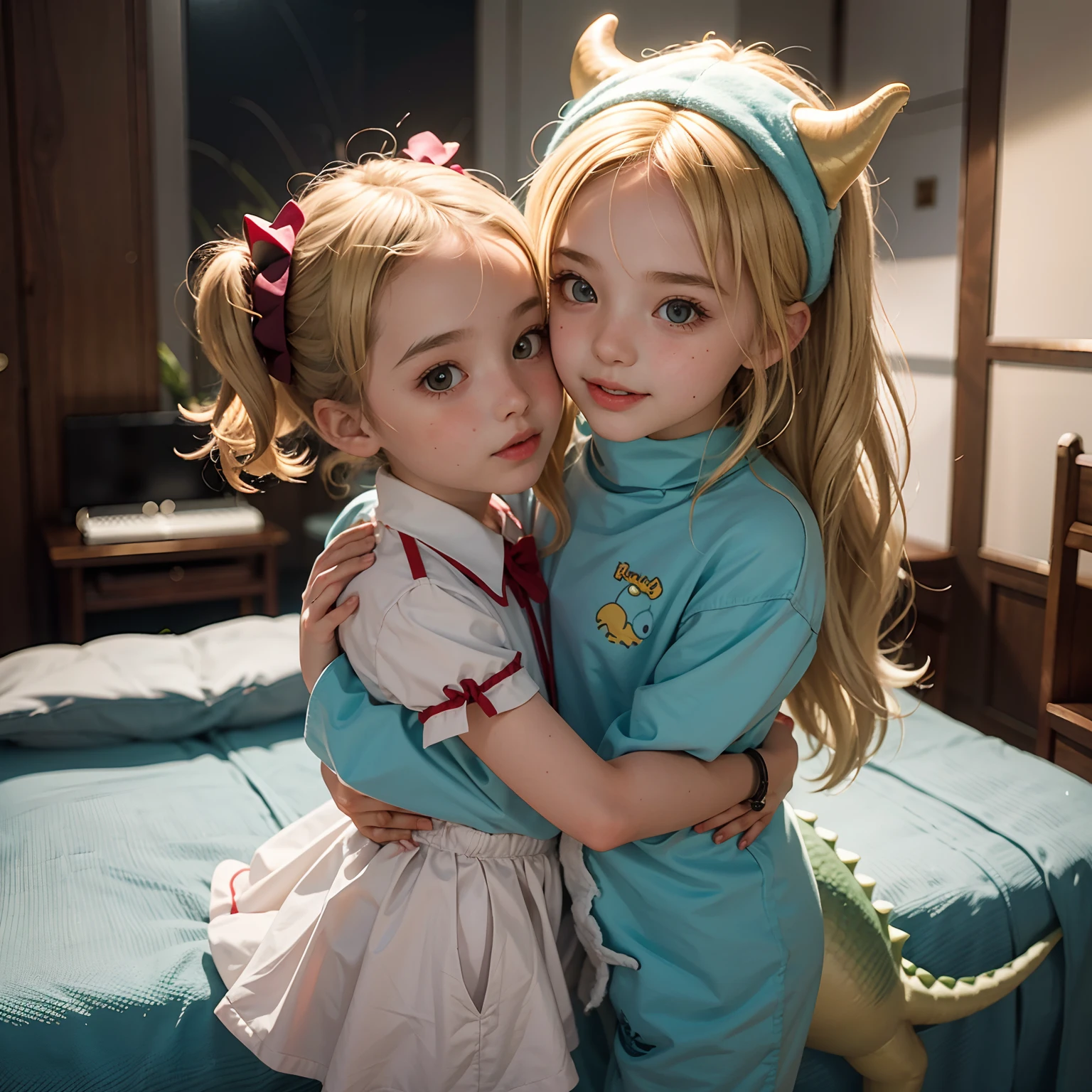 两个小女孩互相拥抱, 金发碧眼的欧洲小子, 穿着可爱的恐龙服装