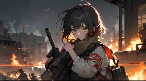 masterpiece, best quality, masterpiece,best quality,official art,extremely detailed CG unity 8k wallpaper,
(10 year old girl:1.5),(young girl:1.4),(kids:1.1),(child:1.2)
Smoke background, city, night, meticulous eyes, guns, war wreckage, war, fire, ruins, ...