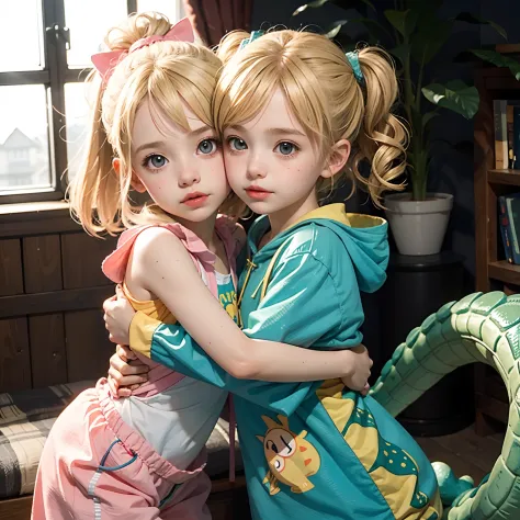 A two kid girl with small body embrace each other, blonde europe kid, in cute dinosaurus costume