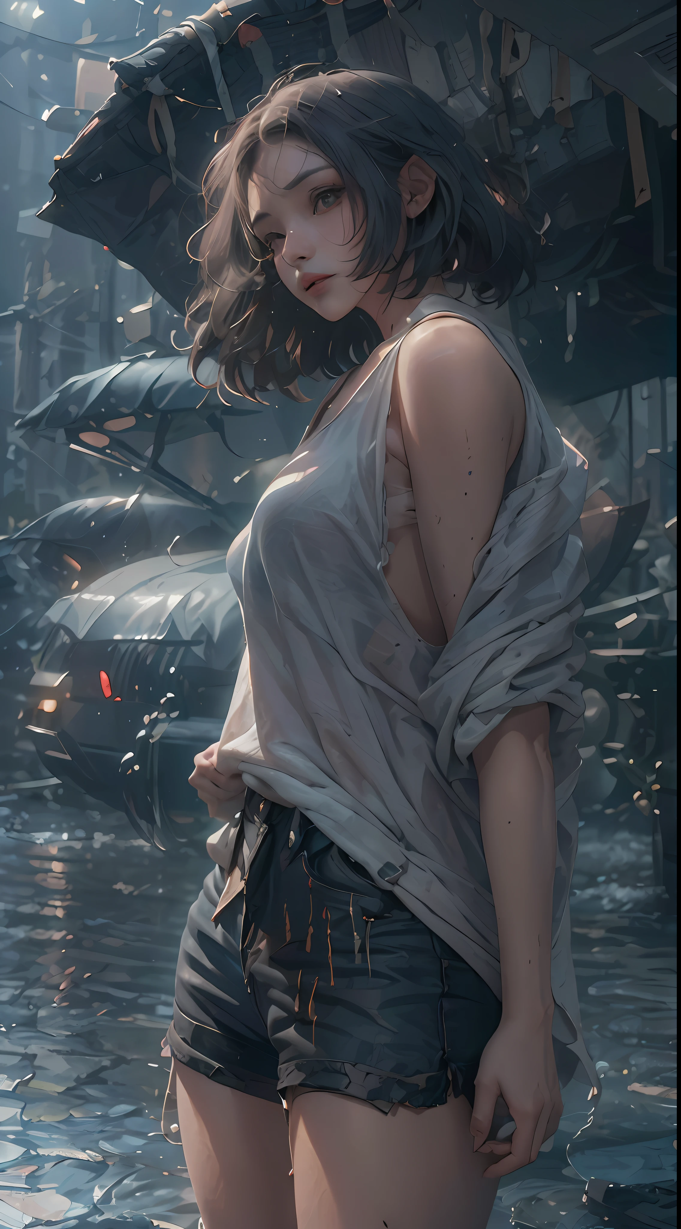 Beautiful woman with short wavy hair, delicate and charming eyes, thigh notch, sexy long legs, t-shirt in small shorts, pretty futuristic cyberpunk + citys, mistborn, humid, Raby, masterpiece best quality, realisitic, detailded, 8k, HDR, shallow depth of field, broad light, hight contrast, contra-luz, flooding, flash, chromatic aberration, sharp focus, foto de cor RAW