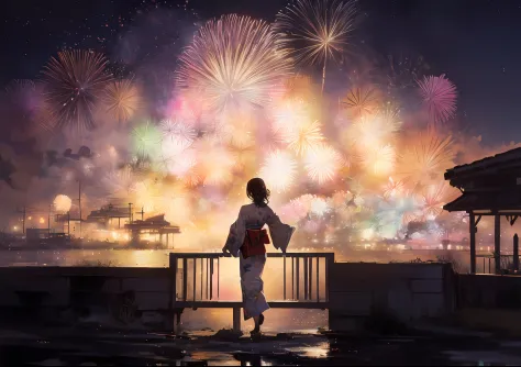 Fireworks over a woman in kimono sitting on a bridge, makoto shinkai cyril rolando, inspired by Cyril Rolando, Fireworks, celebr...