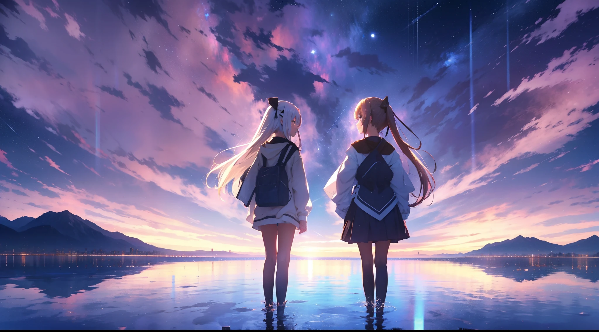 Two girls standing in the water looking at the sky - SeaArt AI