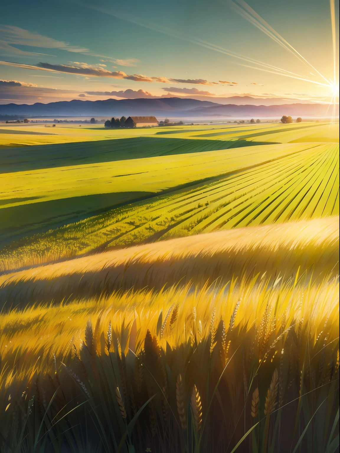 arafed field of green grass with a blue sky in the background, wheat fields, wheat field, i see fields of green, vast wheat fields, immense wheat fields, verdant green fields, wheat field behind the house, tall acid green grass field, on the vast wheat fields, high grain, in a large grassy green field, green field, empty wheat field, scenery,wallpaper,wheat,4k, masterpiece, original art, beautiful lighting, light streams, caustics,lilypads, zeiss, sigma, photography, canon 5d