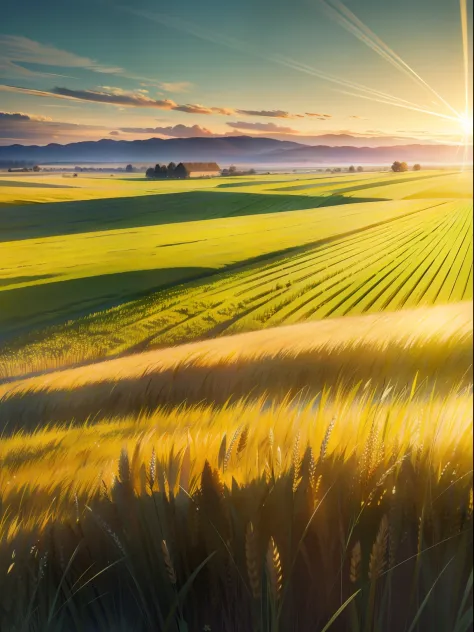 arafed field of green grass with a blue sky in the background, wheat fields, wheat field, i see fields of green, vast wheat fiel...