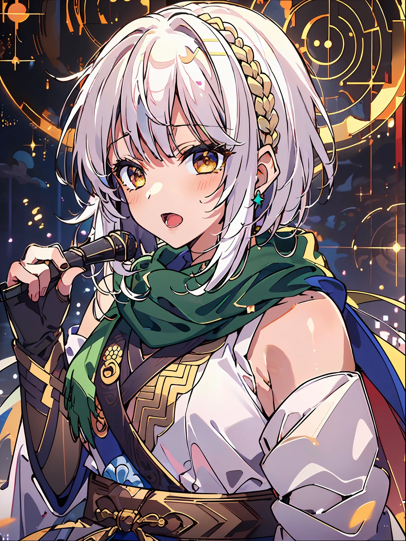 PIXIV, glowing,(((Taoist))),Virtual YouTuber, No gloves,Upper body,Slightly open mouth,bangs,Blush,hair between eye,yellow decoration,Kana_arima\(oshinoko\),Short hair,Shining eyes,((White idol costume)),((White idol costume)),Scarf,(((Green_Scarf))),(((green scarf))), green hairclip, Radiant eyes, Sing with your mouth open,(((White hair))), ((french braid)),(((brown horns))),(((Golden yellow eyes))),(holding black microphone),(Golden light ),((Singing)),aiming at viewer,((Point one finger at the viewer)),Striped hair, ((Star-shaped pupils)),Cloud, sky,stars,hakuou,ninja,ninja suite,black shorts,obi,white sleeve,sandar,solo