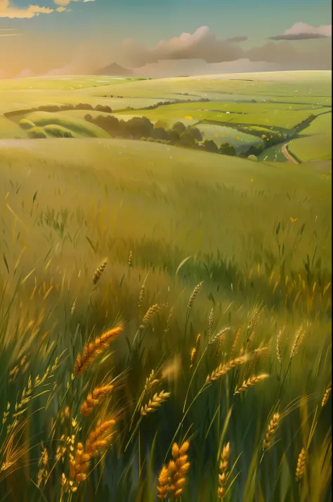 arafed field of green grass with a blue sky in the background, wheat fields, wheat field, i see fields of green, vast wheat fiel...