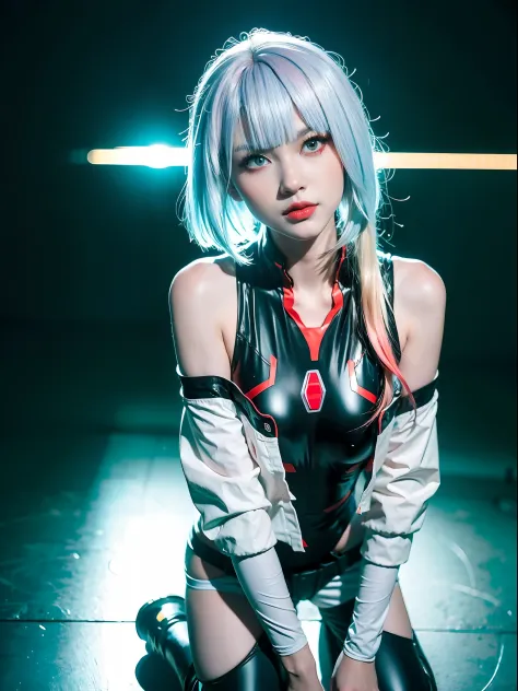 ((Masterpiece, high resolution:1.4), lucy_cyberpunk, neon lights, night at city, cowboy shot, 1girl, white short hair, bangs, ((...