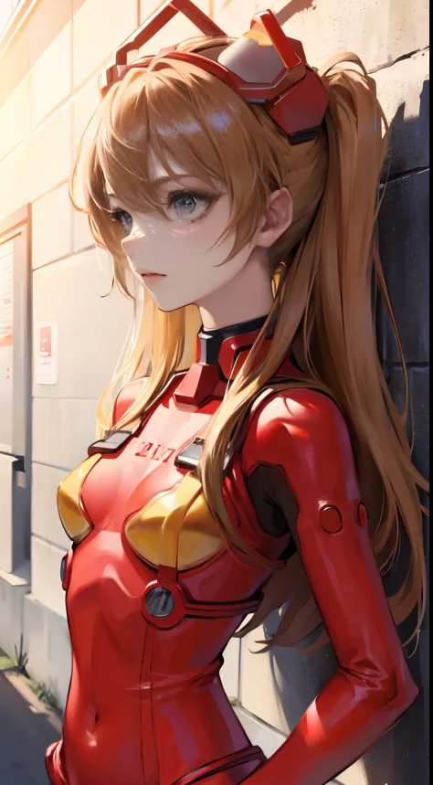 ((masterpiece,best quality, detailed)), against wall, souryuu asuka langley, test plugsuit, headgear