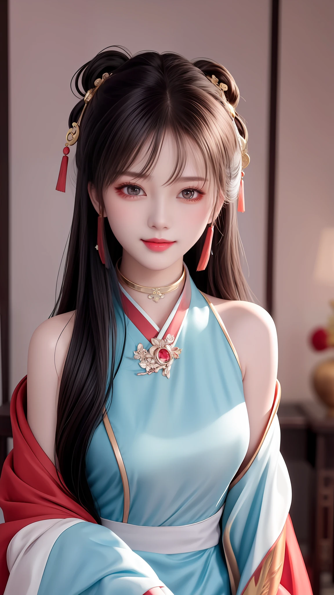 Need,tmasterpiece,A high resolution,1girll,Blushlush,(Seductive smile:0.8),starpupil,Chinese shoulder suction red Hanfu,hair adornments,choker necklace,trinkets,beautfully face,On_Body,Tindal effect,Lifelike,Shadow room,Light edges,Two-tone lighting，（High D...