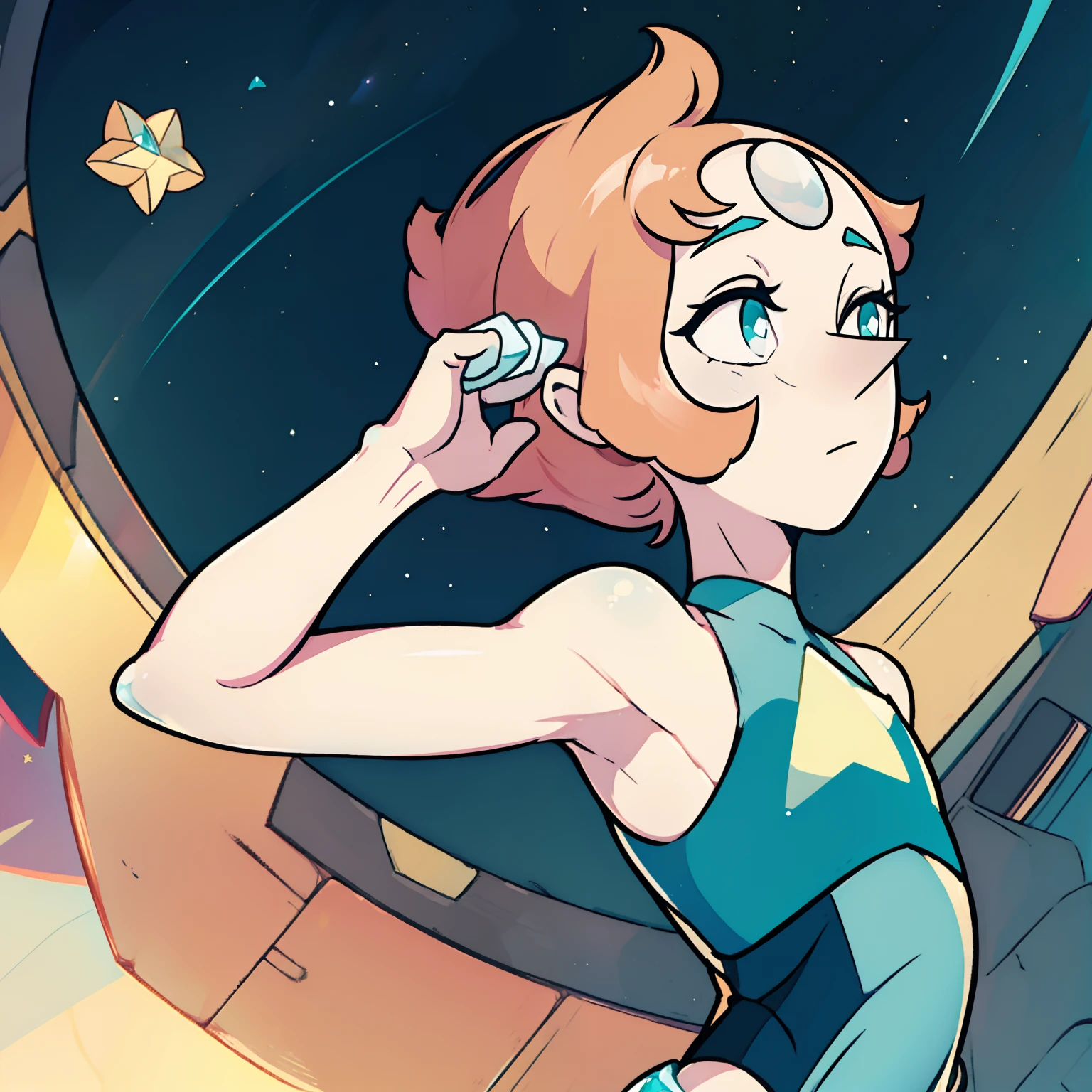 1girl, Pearl, pale, ivory complexion, light-cyan eyes, peach-colored hair, forehead gem, teal leotard, star emblem, swept-back hair, short hair, pearl gem, pointy nose, perfect anatomy, better hands