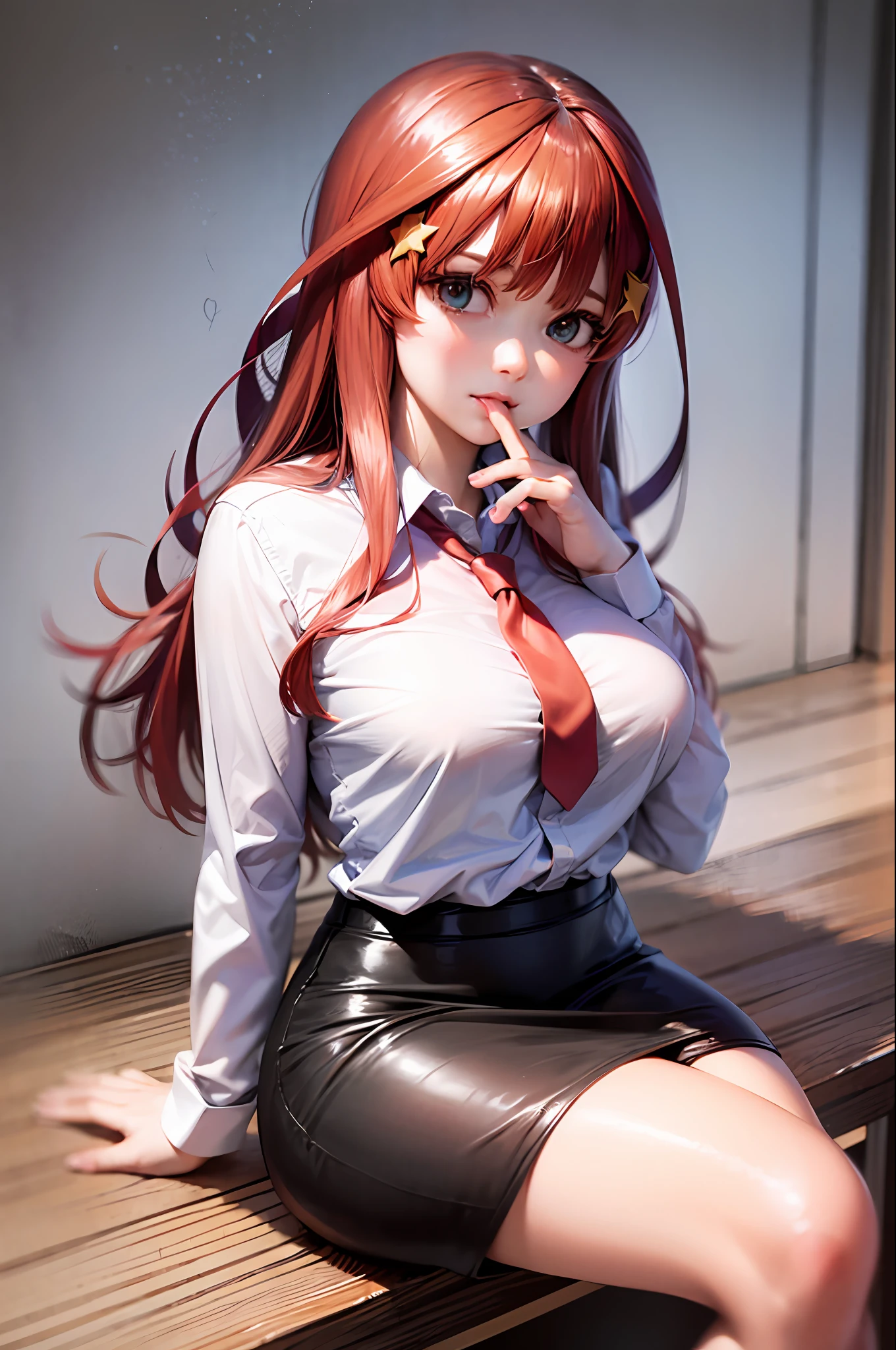 (Prominence in Masterpiece, Best Quality: 1.2), solo, 1 girl, Miku nakano, serious, mouth closed, looking at viewer, hand on face, sitting, legs crossed, collared shirt, tie up, skirt, stockings , big thighs, big breasts)