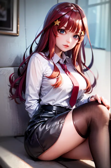 (Prominence in Masterpiece, Best Quality: 1.2), solo, 1 girl, Miku nakano, serious, mouth closed, looking at viewer, hand on face, sitting, legs crossed, collared shirt, tie up, skirt, stockings , big thighs, big breasts)
