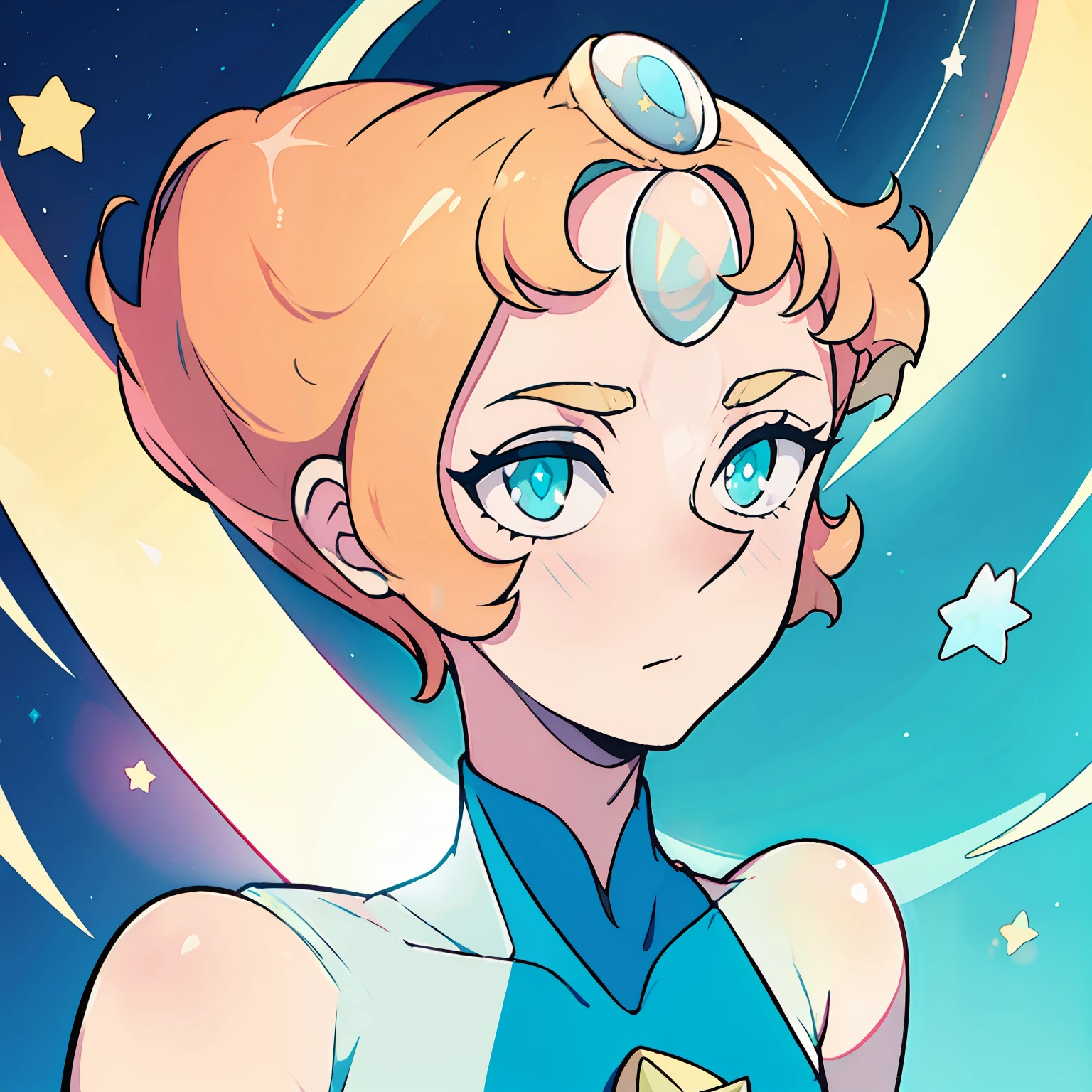 1girl, Pearl, pale, ivory complexion, light-cyan eyes, peach-colored hair, forehead gem, teal leotard, star emblem, swept-back hair, short hair, pearl gem, pointy nose, perfect anatomy, better hands