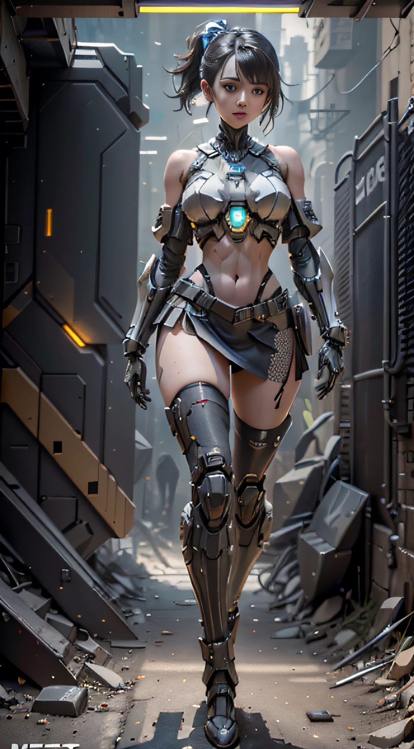 （（best qualtiy））， （（tmasterpiece））， （The is very detailed：1.3）， sci-fi mech， Beautiful cyberpunk woman wearing mech，Bare with thighs，Wear mecha-style boots，Bare shoulders and upper armecha-style gloves，Bare abdomen and navel，pleatedskirt，lean legs，Carry a weapon，Wear black stockings，Broken stockings， hdr（HighDynamicRange）， Ray traching， NVIDIA RTX， Hyper-Resolution， Unreal 5， sub surface scattering， PBR Texture， post-proces， Anisotropic filtering， depth of fields， Maximum clarity and sharpness， Many-Layer Textures， Albedo e mapas Speculares， Surface coloring，Accurately simulate light-material interactions，perfectly proportions，rendering by octane，twotonelighting，Low ISO，White balance，trichotomy，Wide aperture，8K raw data，High-Efficiency Sub-Pixel，sub-pixel convolution，Luminous Particle，Light scattering，Tyndall effect