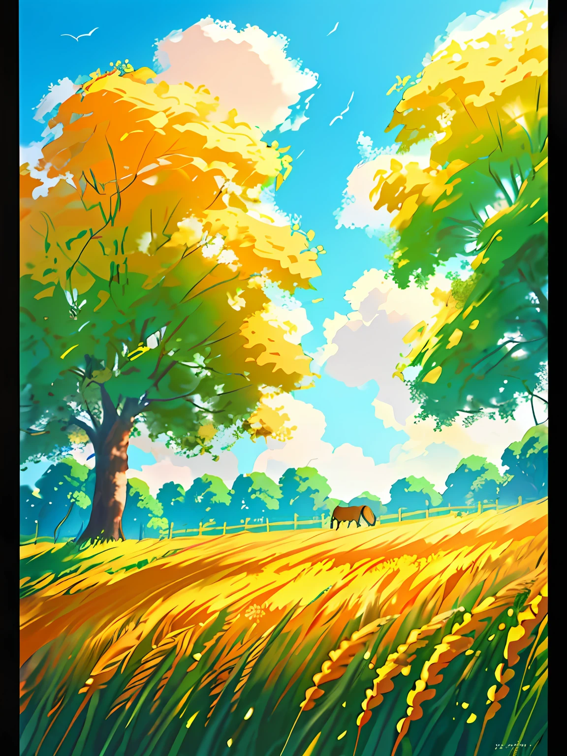 Pintura de un campo con árboles y un caballo a lo lejos., paisaje de campo anime, obra de arte del paisaje, anime fondo de arte, Rhads y Lois Van Baarle, pintado en estudio de pintor anime, paisaje animado, arte del paisaje detallado, fondo de arte, Campo de verano, hecho con estudio de pintor anime, fondo de artework, anime hermosa escena de paz, Una hermosa ilustración artística.