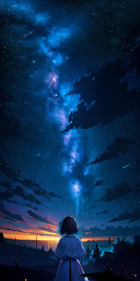 Clean skies,nigh sky,the night,meteors,galactic,depth of fields,Cloud,Colorful starry sky,stars,Makoto Shinkai painting style