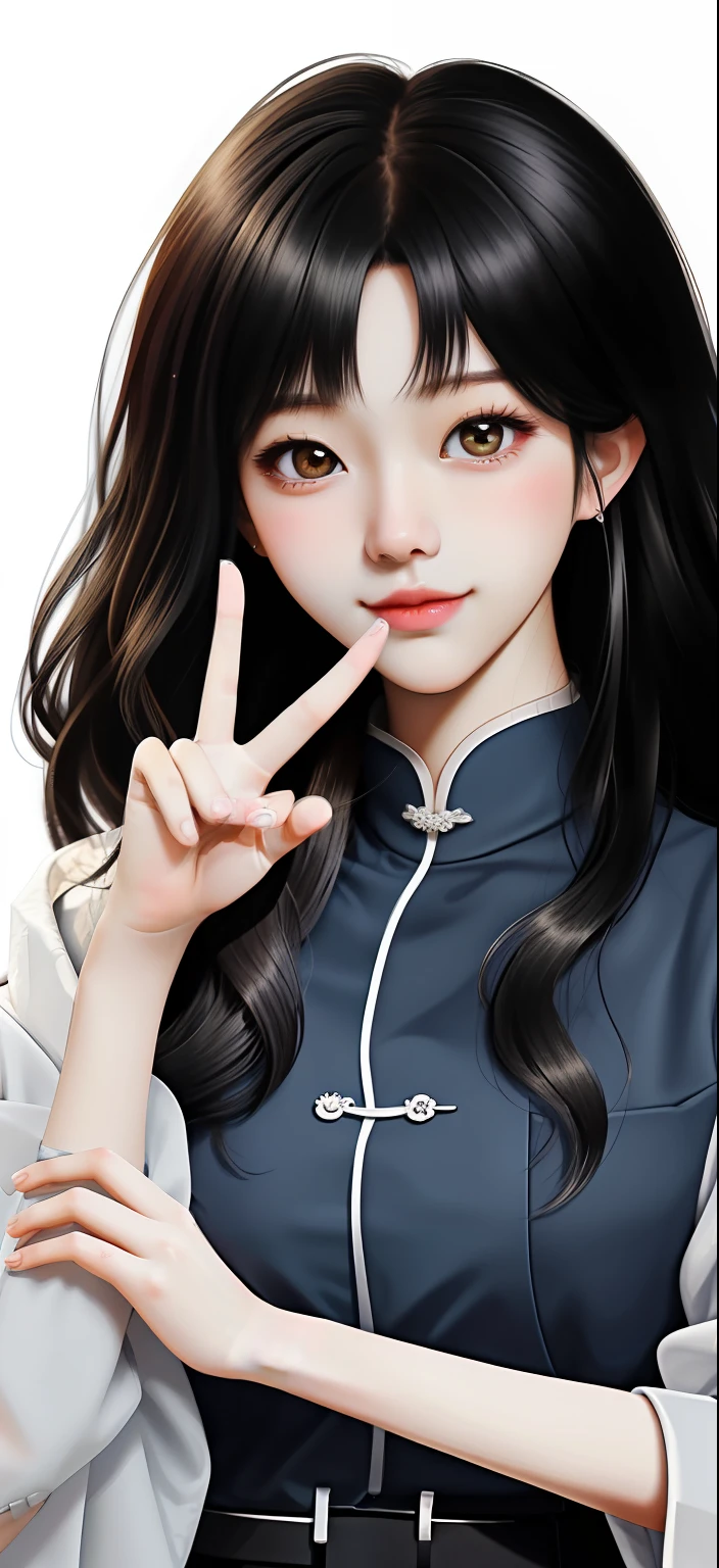 A woman with long black hair and a blue shirt is making a peace sign -  SeaArt AI