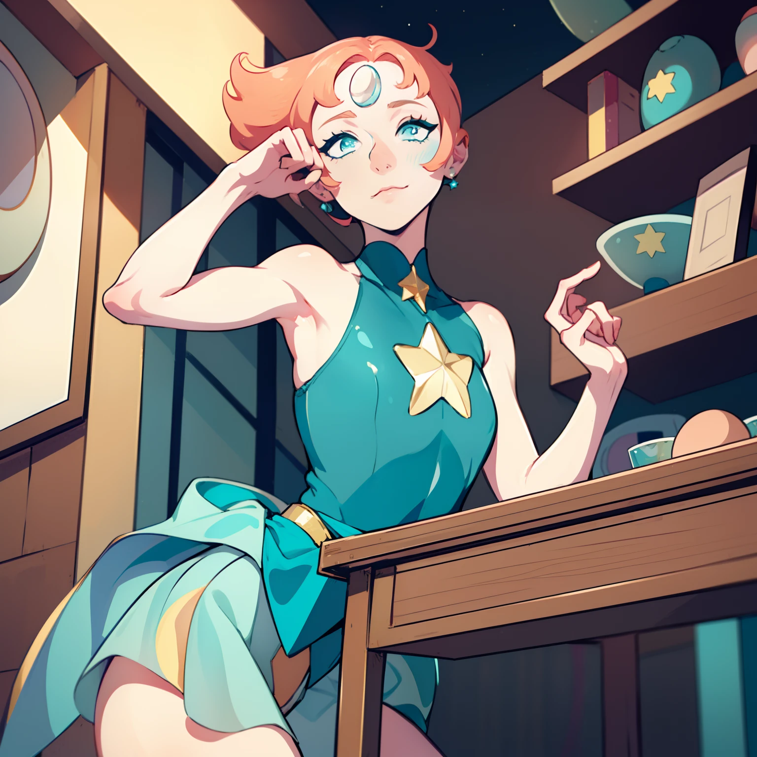 1girl, Pearl, pale, ivory complexion, light-cyan eyes, peach-colored hair, forehead gem, teal leotard with skirt, star emblem, swept-back hair, short hair, pearl gem, pointy nose, perfect anatomy, better hands, across table, looking at viewer