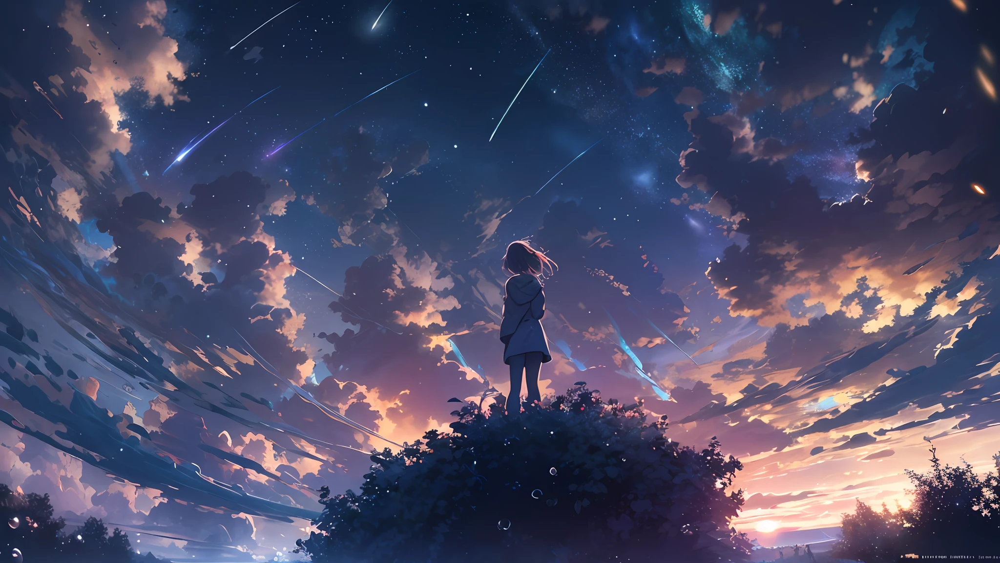 Pictures of starry skies, (Best quality), (masterpiece), (photorealistic), (realistic), ultra-detailed, unity 8k wallpaper, extremely detailed CG, ray tracking, sharp shadows, wonderful details, depth of field, Ultra detailed background, (background oriented, Horizon, reflection), (starry sky twinkling in the fullness of the sky, Lots of water bubbles floating around):1.4, quiet night, midnight, wide shot, shot from the grand, back shot, from below, perfect lighting, panoramic view, dynamic shot, nature spreading out, no civilization in sight, no buildings, girls:0.2,