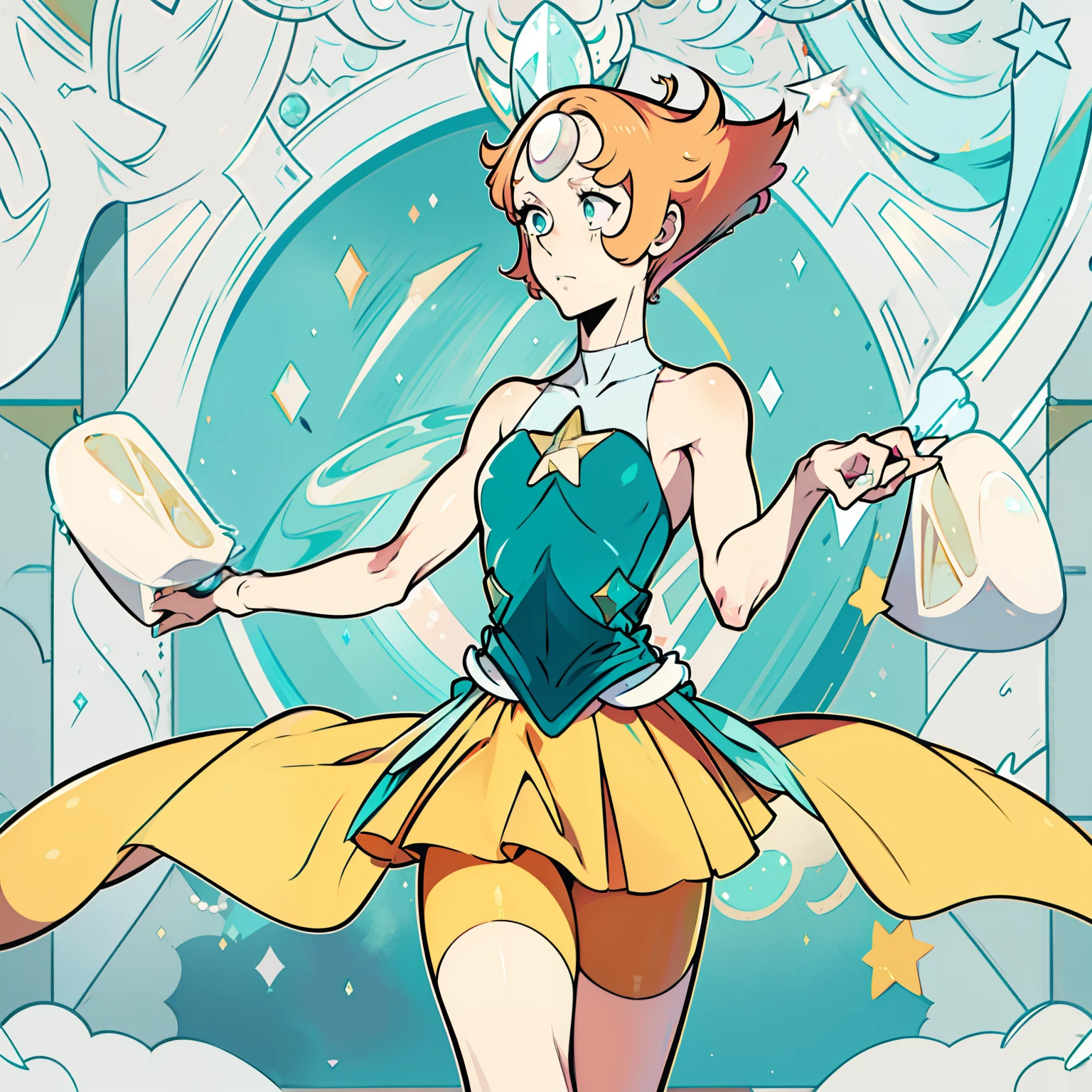 1girl, Pearl, pale, ivory complexion, light-cyan eyes, peach-colored hair, forehead gem, teal leotard with skirt, yellow shorts, star emblem, swept-back hair, short hair, pearl gem, pointy nose, perfect anatomy, better hands