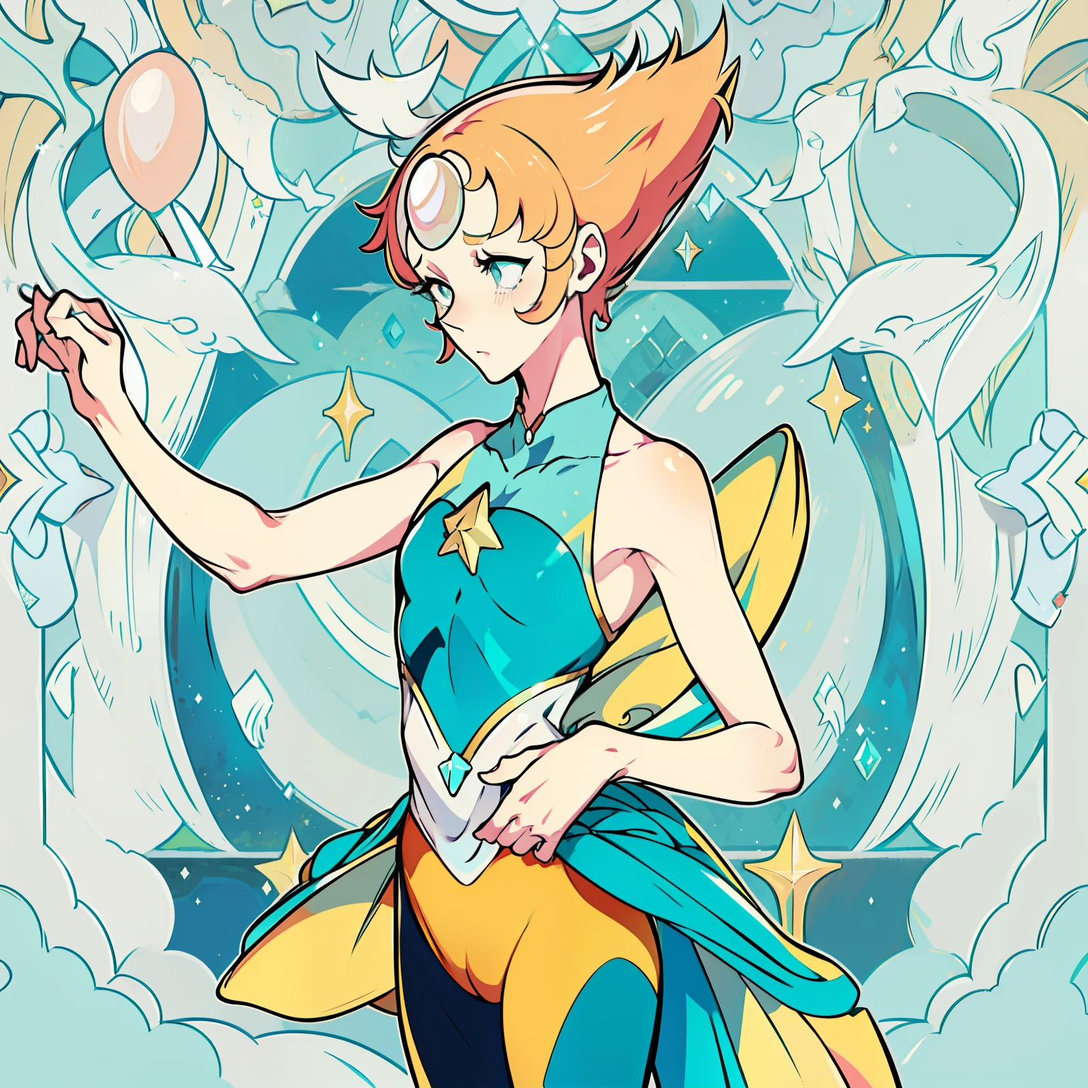 1girl, Pearl, pale, ivory complexion, light-cyan eyes, peach-colored hair, forehead gem, teal leotard with skirt, yellow shorts, star emblem, swept-back hair, short hair, pearl gem, pointy nose, perfect anatomy, better hands