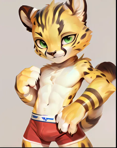 4K, high resolution, Best quality, perfect colors, perfectly shaded, Perfect lighting, posted on e621, (by Chunie), Furry, anthro, Furry art, ((Portrait)), Male cheetah, (two-toned fur), hairy bodies, Green eyes, Face the audience with open legs, (Seductiv...