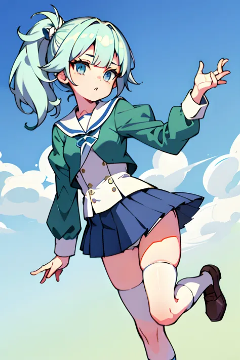 A young girl，Green side ponytail，Blue eyes，School background，White panty hose，JK school uniform，leg loops