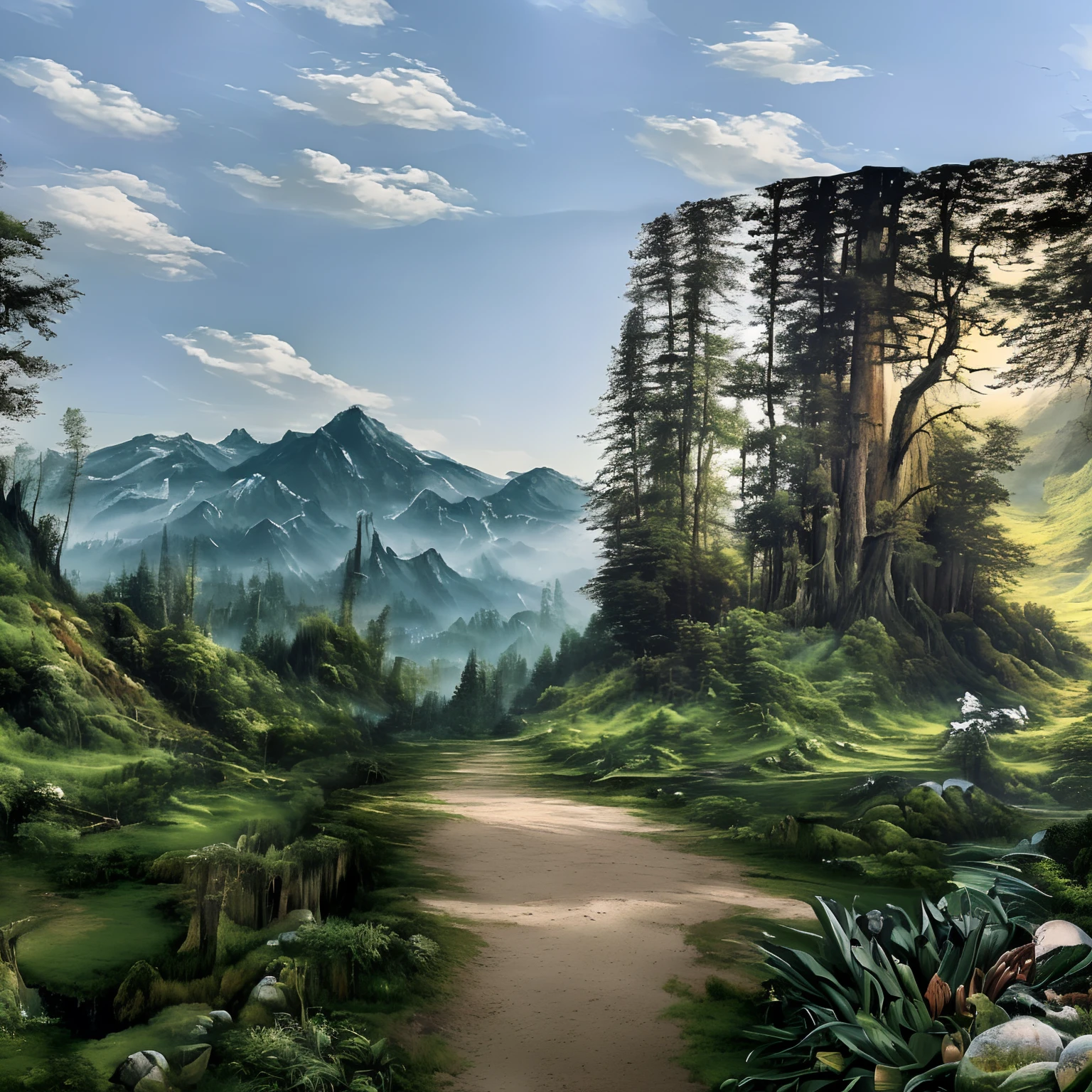 There is a picture of a mountain view mural, all in the amazing outdoors view, forest backgrou, Detailed scenery —width 672, Surreal phantom landscape, heaven on earth, detailed scenic view, lush vista, 3D landscape, 3 d landscape, hyperrealistic landscape, stunning nature in background, Inflatable landscape with forest, in a scenic background