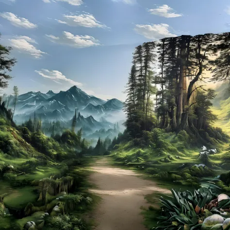 There is a picture of a mountain view mural, all in the amazing outdoors view, forest backgrou, Detailed scenery —width 672, Sur...