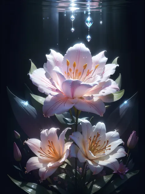 ((lily flowers)),  super transparent,  Holy Light,  beautiful spectral light, petals glow, flashes, Dark background, drops of tr...