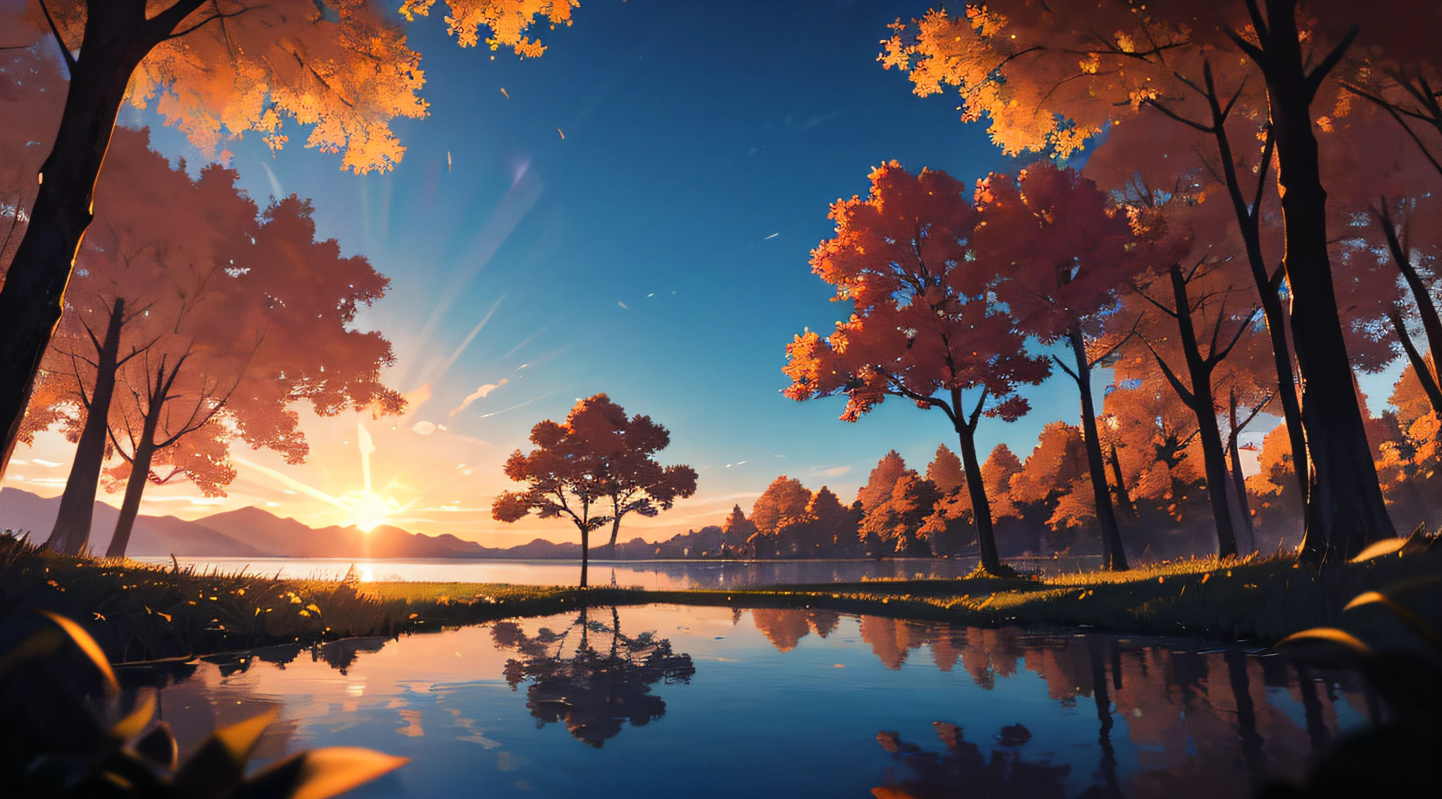 masterpiece, best quality, aesthetic, highres RAW photo, landscape photography, wide shot, from below, scenery, sunrise, blue sky, clouds, lake, reflection, sun, trees, floating leaves, ripples, foreground interest, depth of field, cinematic lighting, asymmetric composition, professional shadows, sharp focus, lens flare