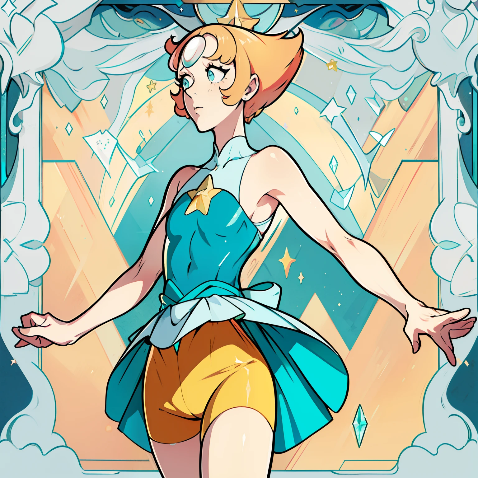 1girl, Pearl, pale, ivory complexion, light-cyan eyes, peach-colored hair, forehead gem, teal leotard with skirt, yellow shorts, star emblem, swept-back hair, short hair, pearl gem, pointy nose, perfect anatomy, better hands