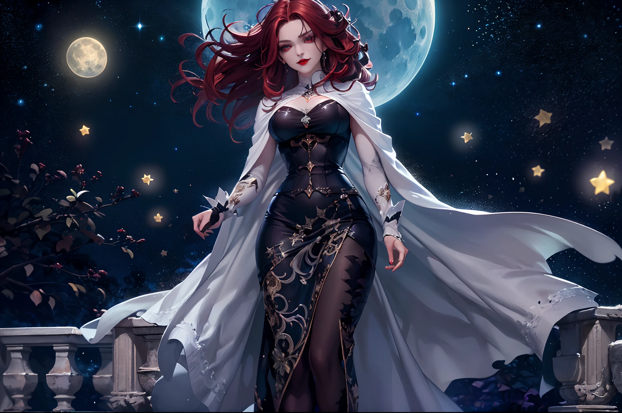 a picture of an exquisite beautiful female vampire standing under the starry night sky on the porch of her castle, full body (ultra detailed, Masterpiece, best quality), ultra detailed face (ultra detailed, Masterpiece, best quality), ultra feminine, grey skin, red hair, wavy hair, dynamic eyes color, cold eyes, glowing eyes, intense eyes, smirking, smile with [[drops of blood on face]], dark red lips, [fangs], wearing white dress (ultra detailed, Masterpiece, best quality), blue cloak (ultra detailed, Masterpiece, best quality), long cloak, flowing cloak (ultra detailed, Masterpiece, best quality), high heeled boots [[in starry night sky]], sky full of stars background, moon, bats flying about, high details, best quality, 8k, [ultra detailed], masterpiece, best quality, (ultra detailed), full body, ultra wide shot, photorealism, dark fantasy art, dark fantasy art, gothic art, many stars, gothic art, sense of dread,