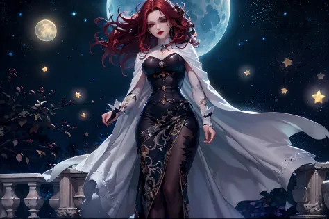 a picture of an exquisite beautiful female vampire standing under the starry night sky on the porch of her castle, full body (ul...