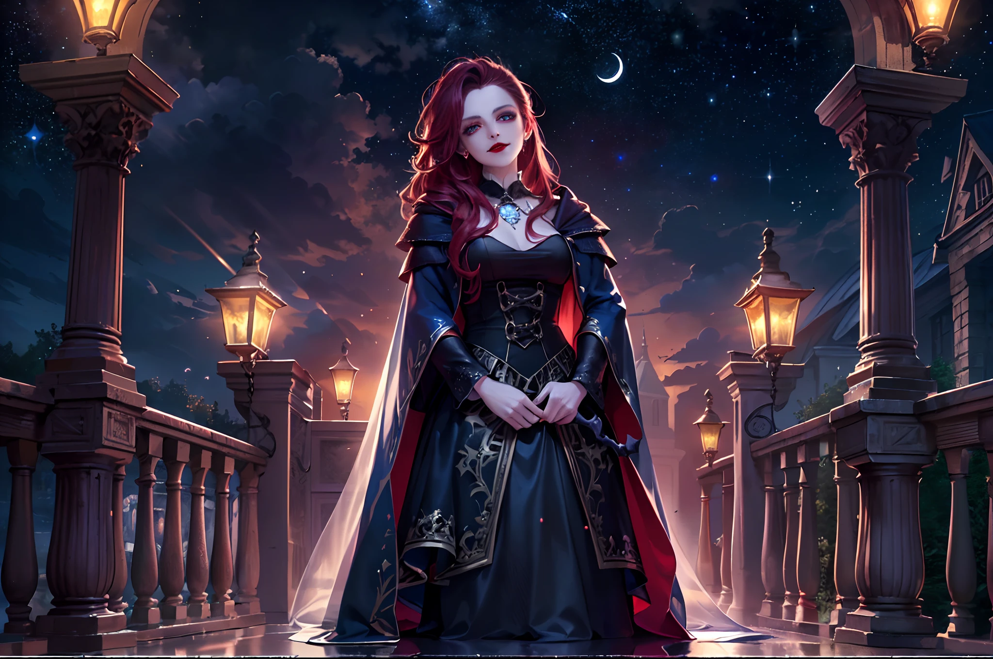 a picture of an exquisite beautiful female vampire standing under the starry night sky on the porch of her castle, full body (ultra detailed, Masterpiece, best quality), ultra detailed face (ultra detailed, Masterpiece, best quality), ultra feminine, grey skin, red hair, wavy hair, dynamic eyes color, cold eyes, glowing eyes, intense eyes, smirking, smile with [[drops of blood on face]], dark red lips, [fangs], wearing white dress (ultra detailed, Masterpiece, best quality), blue cloak (ultra detailed, Masterpiece, best quality), long cloak, flowing cloak (ultra detailed, Masterpiece, best quality), high heeled boots [[in starry night sky]], sky full of stars background, moon, bats flying about, high details, best quality, 8k, [ultra detailed], masterpiece, best quality, (ultra detailed), full body, ultra wide shot, photorealism, dark fantasy art, dark fantasy art, gothic art, many stars, gothic art, sense of dread,