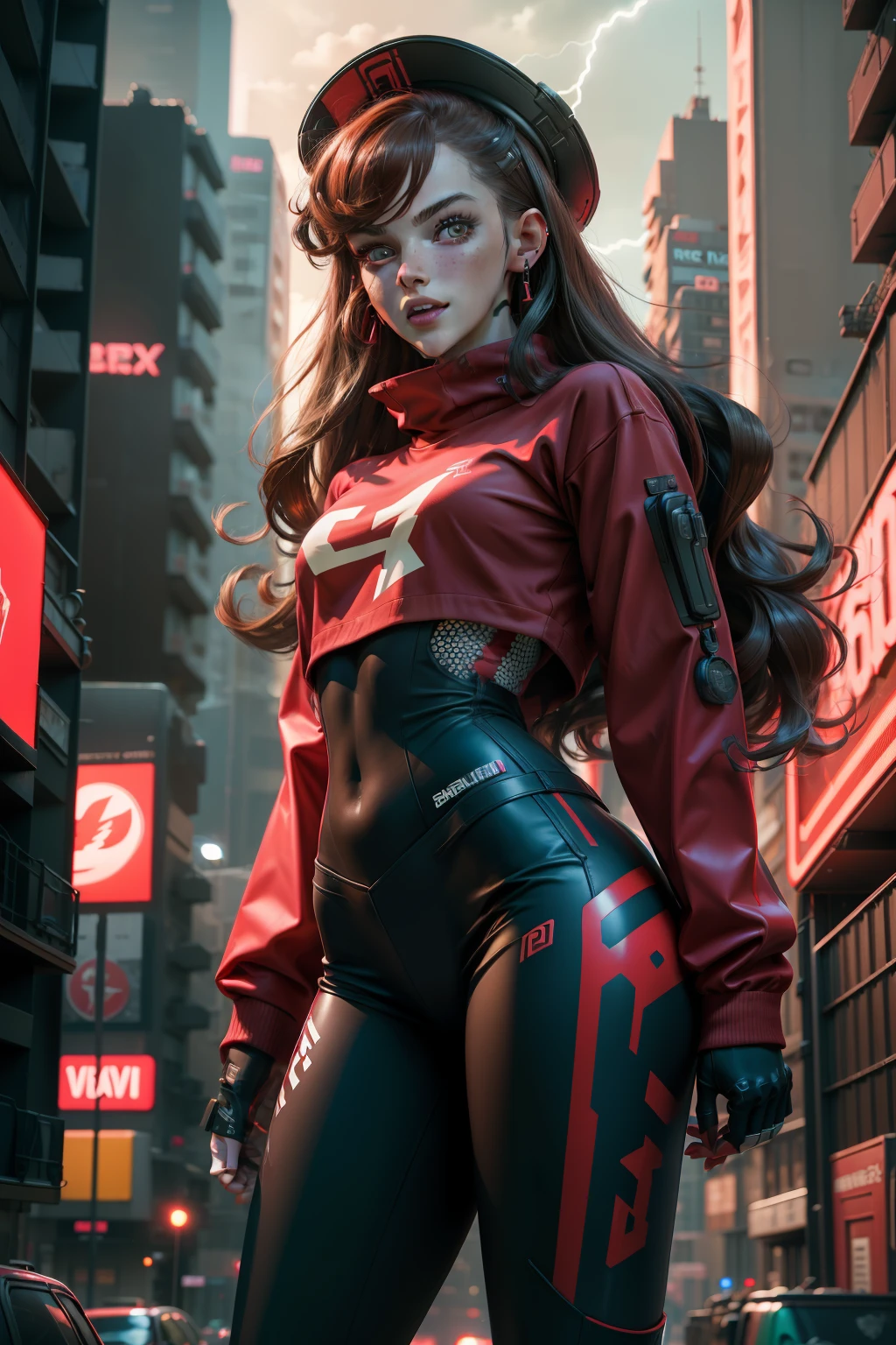 1 girl, beautiful, giggle, wearing red hat, earrings, red camouflage, red sweatshirt, red leggings, long hair, brown hair, mascara, nasolabial , standing, middle, navy, earrings, (reality: 1.5), cyberpunk, neon city, neon, 3D, CGI, volumetric lightning, white sclera, brown eyes