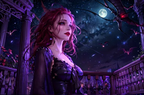 a picture of an exquisite beautiful female vampire standing under the starry night sky on the porch of her castle, dynamic angle...