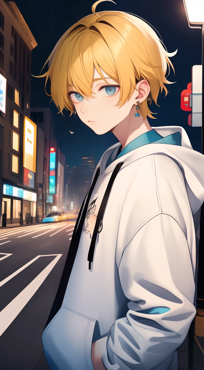 ​masterpiece、top-quality、8ｋ、Boy Solo、yellow  hair、bright hair、a blond、(Big blue earrings)、Troubled face、Straight face、Dignified gaze、a cool、so short hair、Detailed eyes、Dark eyes、Blue eyes、City at night、White hoodie、intersection、looking-down、