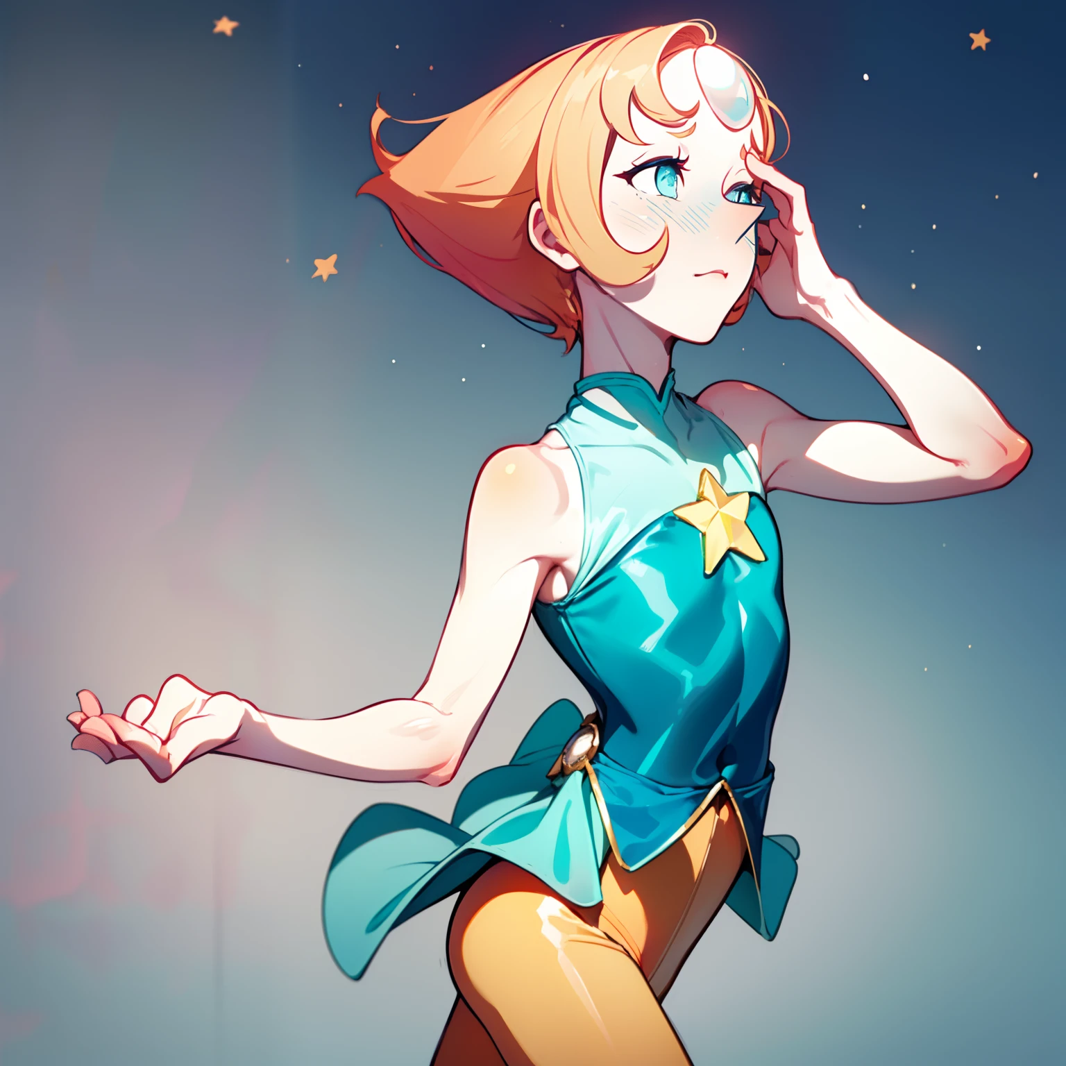 1girl, Pearl, pale, ivory complexion, light-cyan eyes, peach-colored hair, forehead gem, teal leotard with skirt, yellow shorts, star emblem, swept-back hair, short hair, pearl gem, pointy nose, perfect anatomy, better hands, cyan blush, shy expression