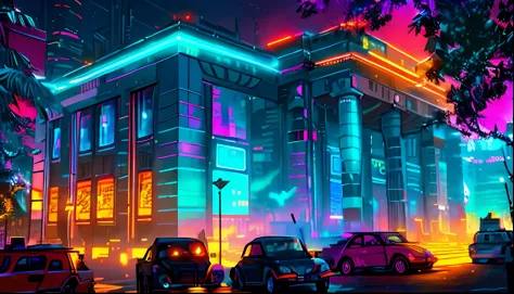 Forum,  town square, Futuristic construction, Neon light, Cyberpunk, Cyberpunk buildings in the background, fundo desfocado, UHD, detalhada