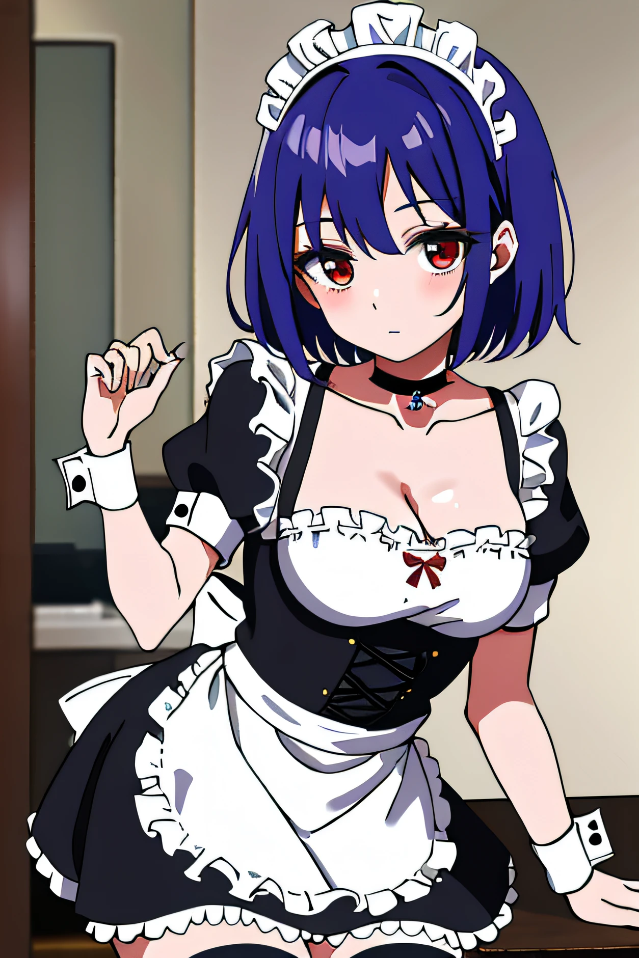 absurdres, best quality, 1girl, solo, looking at viewer, eye focus,  (hoshizuki kaede:0.5), red eyes, (expressionless:1.5), purple hair, solo, breasts, looking at viewer, blush, short hair, thighhighs, dress, cleavage, medium breasts, short sleeves, frills, choker, puffy sleeves, black thighhighs, apron, puffy short sleeves, zettai ryouiki, wrist cuffs, maid, maid headdress, white apron, maid apron, (tareme:1.25), blue hair, wide-eyed,